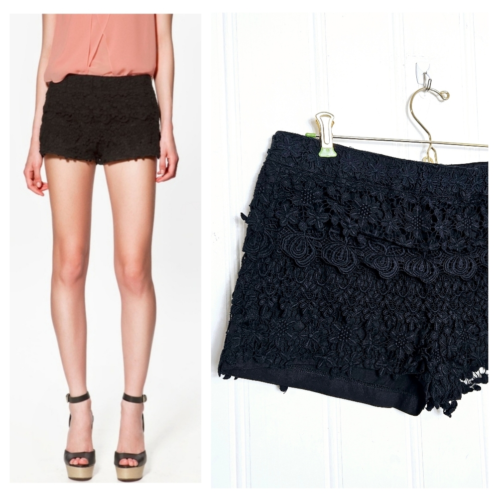 Zara Black Lace Shorts Women's Cotton Overlay Scalloped Hem Size L